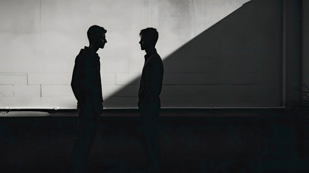 Two silhouetted men converse, their forms stark against a light wall. The image creates a mysterious atmosphere.の写真素材