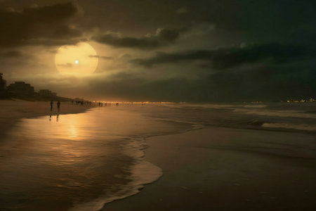 Night scene on a beach with a huge moon and people walking.の写真素材