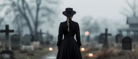 A woman in a black dress and hat stands in a misty cemetery.の写真素材