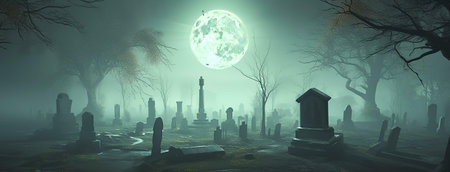 A spooky graveyard scene under a full moon, shrouded in fog.