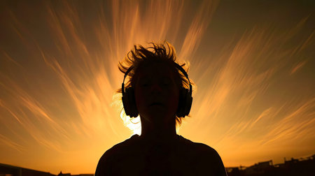 Silhouette of a person with headphones, enjoying sunset.