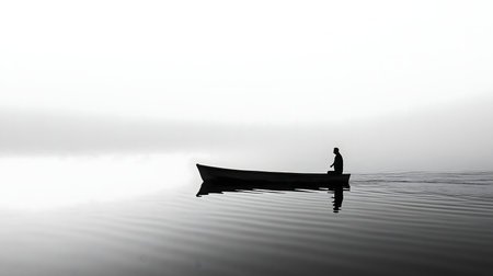 A solitary figure in a small boat on a misty lake, reflecting serenity.の写真素材