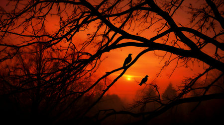 Two birds silhouetted against a fiery sunset. A tranquil autumnal scene.の写真素材