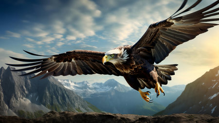 An eagle in flight over a majestic mountain range. Breathtaking scenery and wildlife photography.