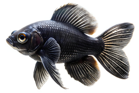 A stunning close-up of a black moor goldfish against a white backdrop.の写真素材