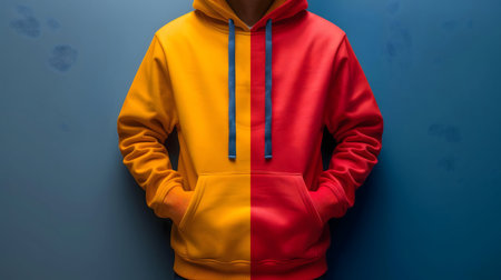 A vibrant image showcasing a stylish two-toned hoodie against a blue backdropの写真素材