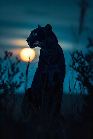 A black panther sits majestically against a breathtaking sunset, its silhouette beautifully framed by tall grass.の写真素材