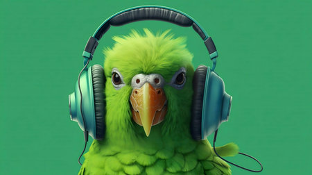 A green parrot wearing teal headphones. Digital art.の写真素材