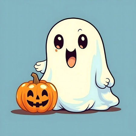 A cute cartoon ghost with a jack-o'-lantern.の写真素材