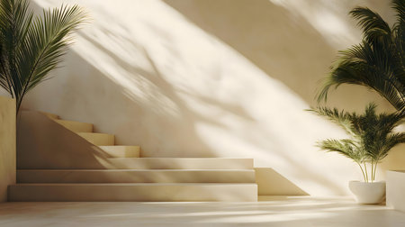 Minimalist interior with beige staircase, potted palm plants, and sunlight streaming through.の写真素材