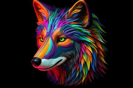 A digital painting of a wolf's head in vibrant rainbow colorsの写真素材