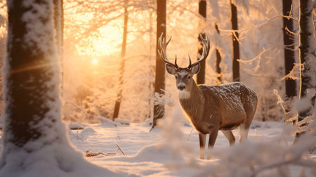 A majestic deer stands in a snowy forest during a beautiful sunset.の写真素材