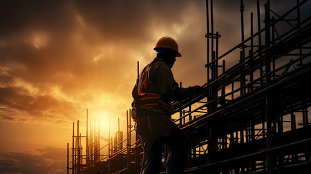Silhouette of a construction worker during sunset at a building site