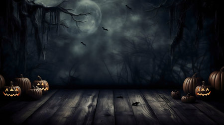 Lit jack-o'-lanterns on a wooden deck with a spooky forest backdrop under a full moon.の写真素材