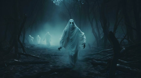 A group of ghostly figures walk through a dark and foggy forest at night.
