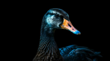 Close-up portrait of a dark goose against a black background.の写真素材