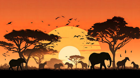 Silhouetted elephants and zebras against a vibrant African sunset.の写真素材
