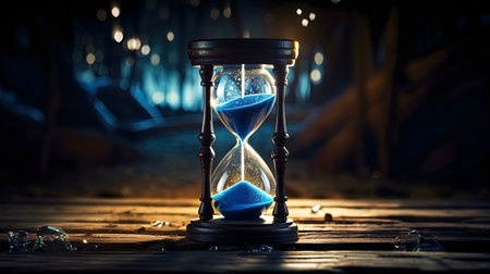 A blue hourglass sits on a dark wooden surface. The background is blurred, adding to the mysterious atmosphere.の写真素材