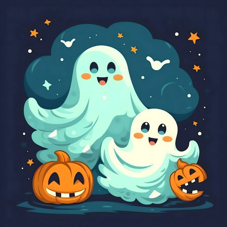 Two adorable cartoon ghosts with pumpkins for a fun Halloween nightの写真素材