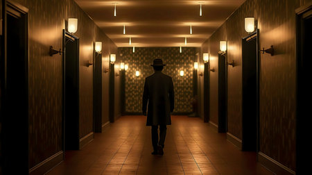 A lone figure walks down a dimly lit hotel hallway. Mystery and suspense fill the air.の写真素材
