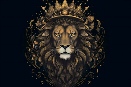 A regal lion, crowned with a golden crown, surrounded by intricate detailing.の写真素材