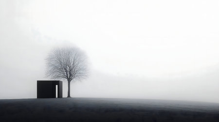 A black and white image of a solitary structure and a leafless tree shrouded in fog.の写真素材