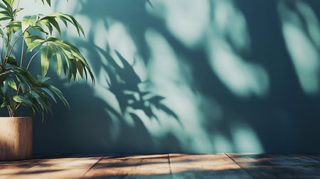 A calming image of a houseplant, teal wall, and wooden floor, perfect for home decor inspiration.の写真素材