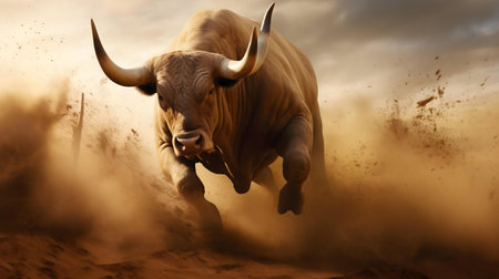 A mighty bull charges through the desert, kicking up a dust cloud. A powerful image of raw nature.の写真素材