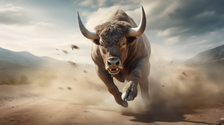 A powerful bull charges across a dusty landscape, showing its raw power and energy.の写真素材
