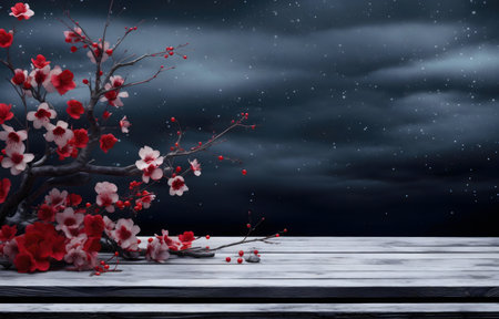 Red and pink flowers on a wooden table against a starry night sky. Calm and serene.の写真素材