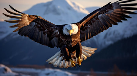 A stunning bald eagle in mid-flight against a backdrop of snow-capped mountains.の写真素材