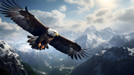An eagle in majestic flight over snow-capped mountains.の写真素材