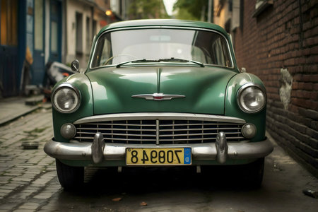 A beautiful green classic car parked in a narrow cobblestone alleyway.の写真素材