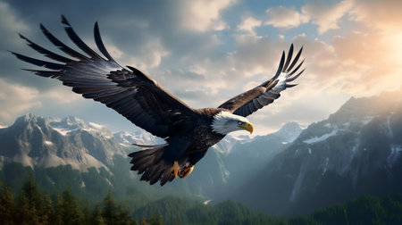A bald eagle in majestic flight over snow capped mountainsの写真素材