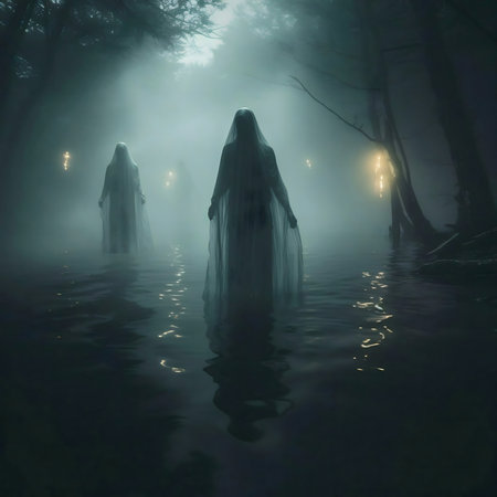 Two ghostly figures traverse a misty swamp at night. An eerie and mysterious scene.の写真素材
