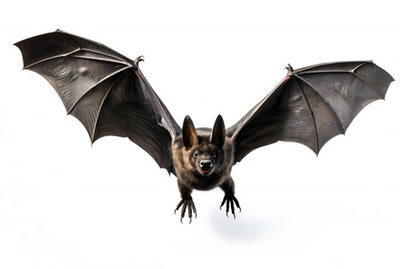 A detailed studio shot of a bat in flight, wings outstretched against a stark white background.の写真素材
