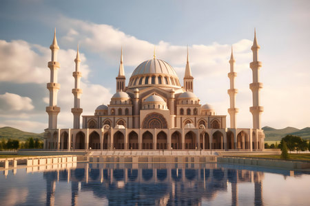 Stunning image of a grand mosque reflecting in a calm lake, showing beautiful architecture.の写真素材
