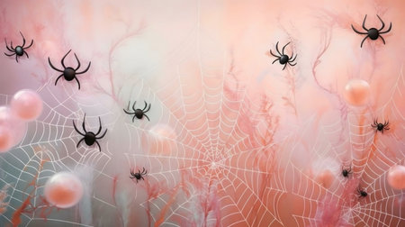 Pink Halloween background with spiders and webs. Spooky but cute!の写真素材