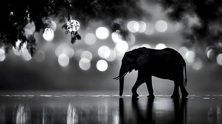 A majestic elephant silhouette reflected in a tranquil water. Nighttime bokeh lights create a magical atmosphere.の写真素材