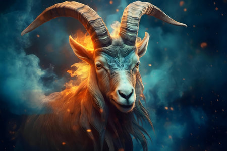A digital painting of a majestic goat engulfed in flames against a dark blue backdrop.の写真素材