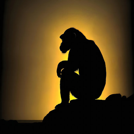 A chimpanzee silhouette sits pensively at sunset. Golden lightの写真素材