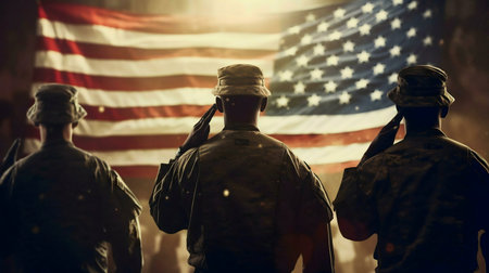 Three soldiers salute the American flag, symbolizing patriotism and military service.