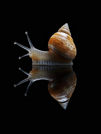 A captivating macro shot showing a snail and its perfect reflection on a dark surface.の写真素材