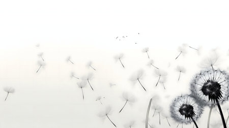 Dandelion seeds floating on wind, monochrome paletteの写真素材