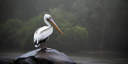 A white pelican stands majestically on a rock in a misty river.の写真素材