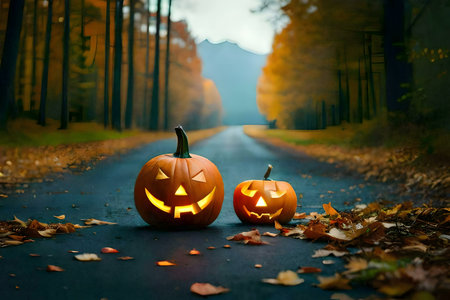 Two glowing jack-o'-lanterns sit on an autumn road, surrounded by fallen leaves. A spooky Halloween scene.の写真素材