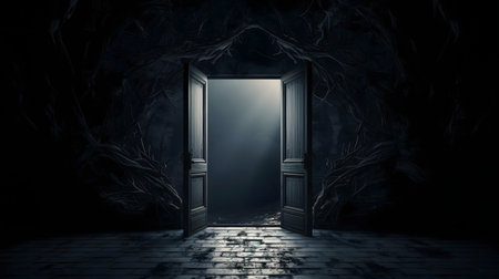 A dark room, an open door, light at the end. Mystery awaits.の写真素材