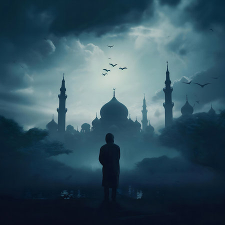 A lone figure stands before a grand mosque at night, a scene of serenity and reflection.の写真素材