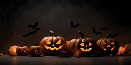 Glowing Jack-o'-lanterns and bats on a dark Halloween night.の写真素材