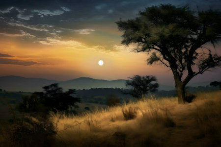 Serene African savanna sunset with a majestic tree. Golden hour light paints the landscape.の写真素材